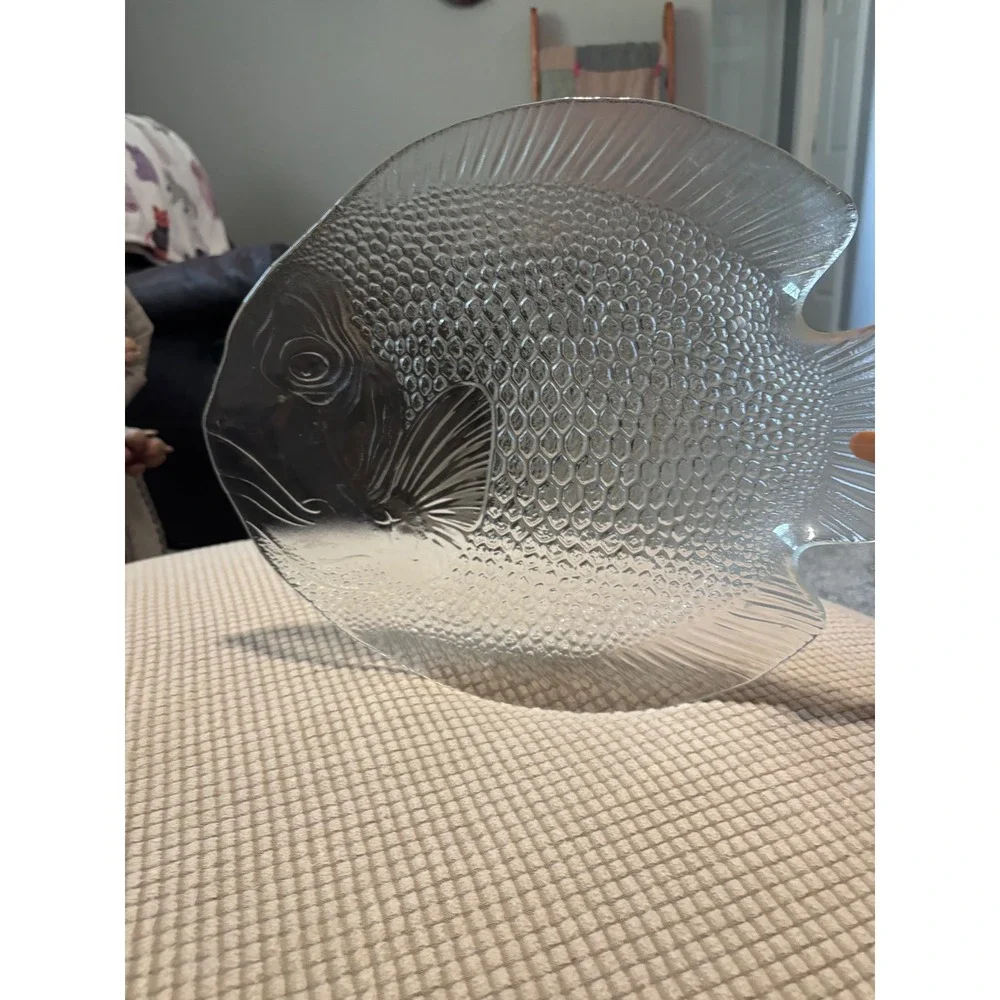 Vintage Clear Pressed Glass Fish Serving Platter Textured Angelfish Tray 15 Inch